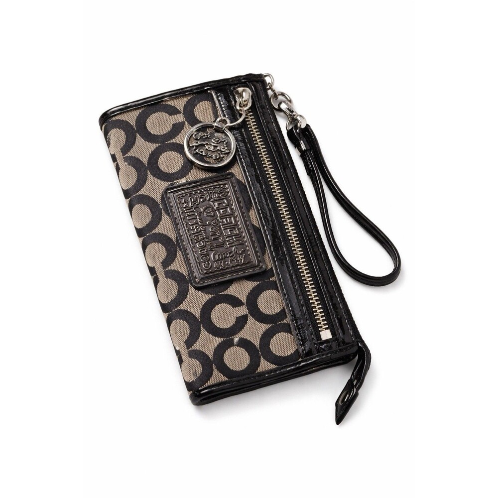 Coach Signature Wristlet Wallet Brown Black Zip Clutch Phone Case